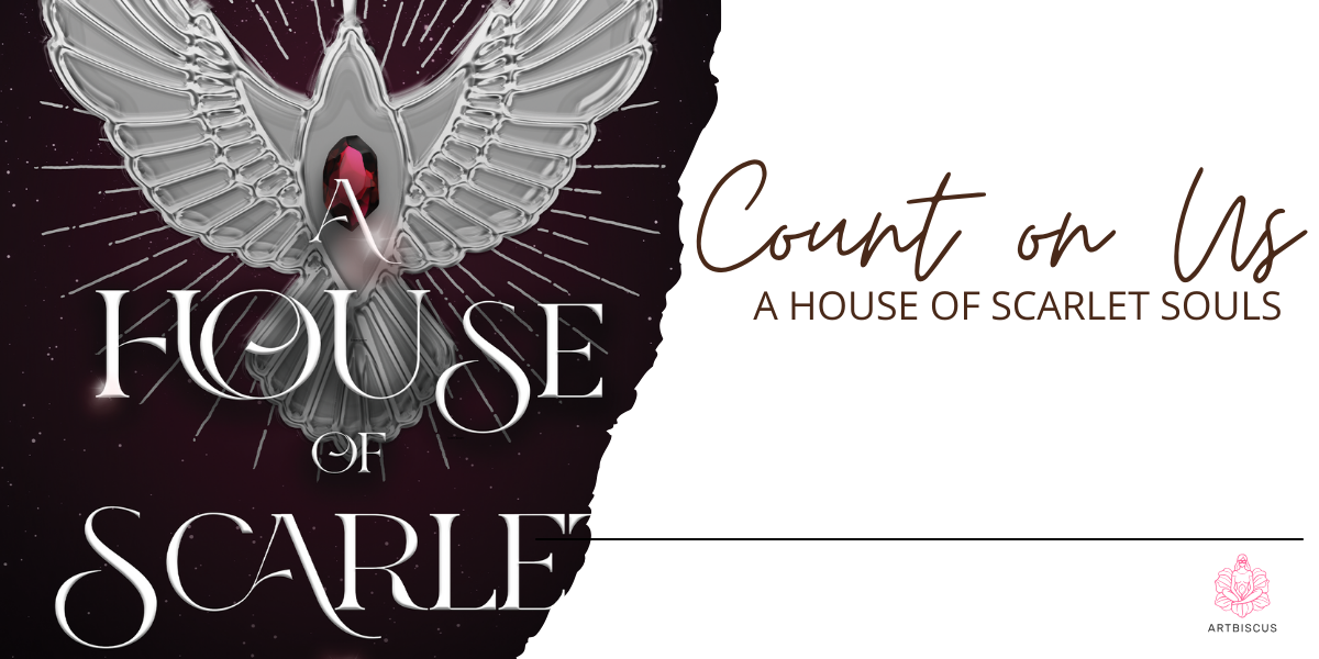 Header imahe showing a part of a book cover (A House of Scarlet) which should continue with the word"Souls" not showing in the box. A Black and white background for the header, the black belonging to the cover and a necklace with a bird and a ruby